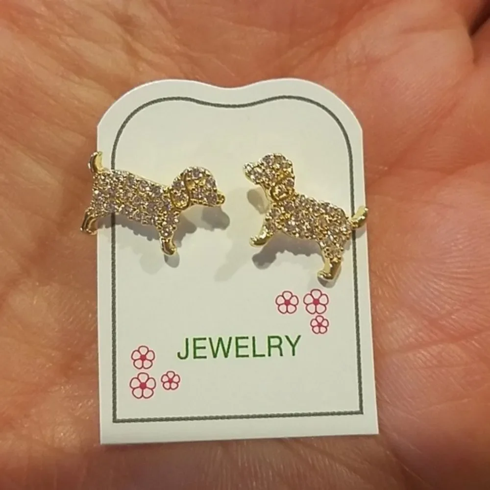 Kids Earrings 14k gold plated Dog Puppy CZ Girls.